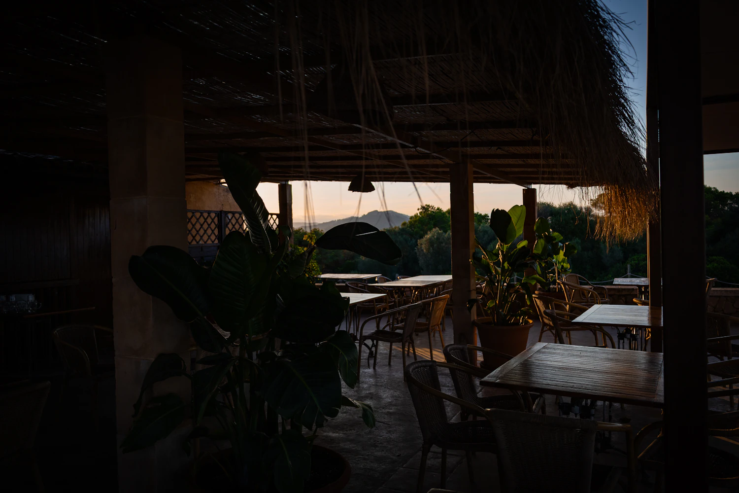 A long teak table set for dinner on an open terrace at blue hour.